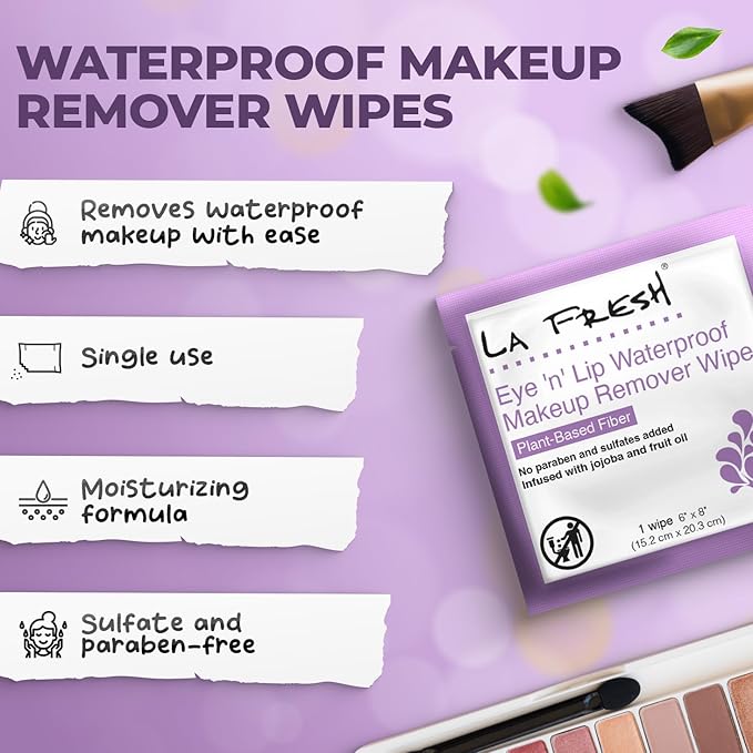 LA Fresh Eye and Lip Waterproof Makeup Remover Wipes Pack of 50 Individually Wrapped Wipes Made With Vitamin E, Olive Oil Convenient Size For Purse, Gym Bag, Car, Anywhere On The Go