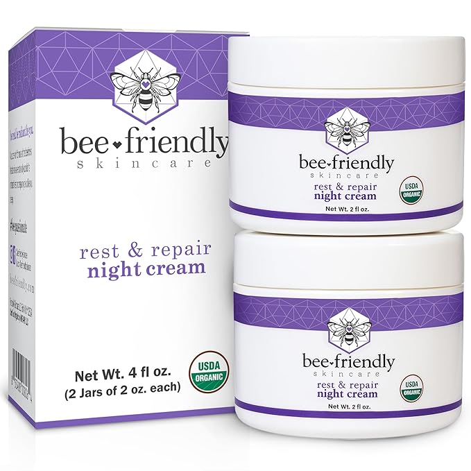 BeeFriendly Organic Night Cream, USDA Certified Organic, Deep Hydrating & Moisturizing Night Time Eye, Face, Neck & Decollete Cream for Women and Men, Anti Aging, Anti Wrinkle 4 oz (2 Jars in box)