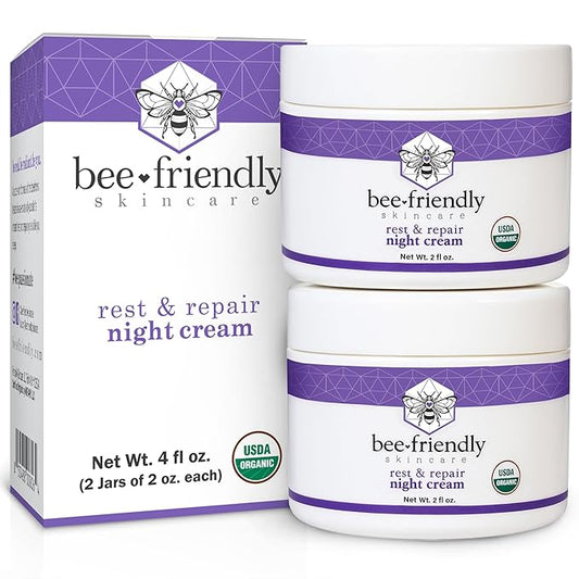BeeFriendly Organic Night Cream, USDA Certified Organic, Deep Hydrating & Moisturizing Night Time Eye, Face, Neck & Decollete Cream for Women and Men, Anti Aging, Anti Wrinkle 4 oz (2 Jars in box)