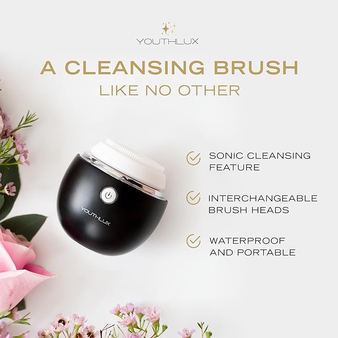 Pure Radiance, Vibrating Facial Cleansing Brush, Electric, 3 Modes, 3 Brush Heads (2 Bristle,1 Silicone), Waterproof, Rechargeable, Smart Timer, Exfoliating, Massage (Black)