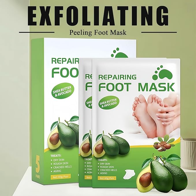 Shea Butter Foot Peel Mask 5 Pairs, Exfoliating Foot Masks for Dry Cracked Feet, Avocado Moisturizing Foot Mask Socks for Women & Men, Hydrating Foot Exfoliator for Soft Smooth Feet