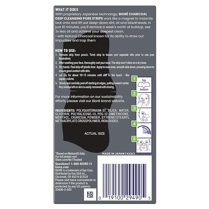 Bioré Men's Oil Control Charcoal Deep Cleansing Pore Strips, Blackhead Strips With Charcoal for Men, Blackhead Remover Strips For All Skin Types, Pore Strips for Blackheads, 18 Count