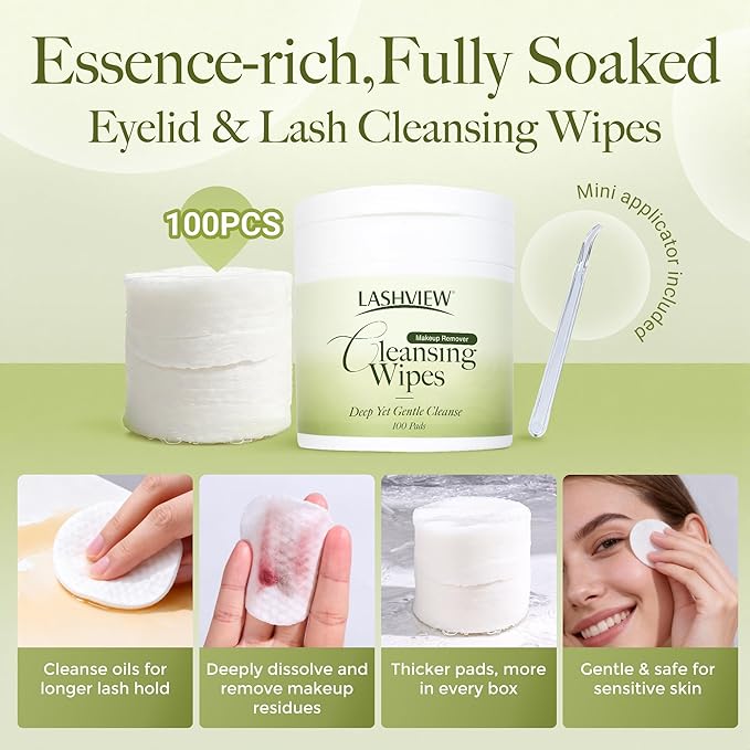 LASHVIEW Makeup Remover Cleansing Wipes, Micellar Water Pads Biodegradable & Alcohol-Free, Mild Toner Pads for Face, Eyes, Sensitive Skin with Applicator, 100 Count