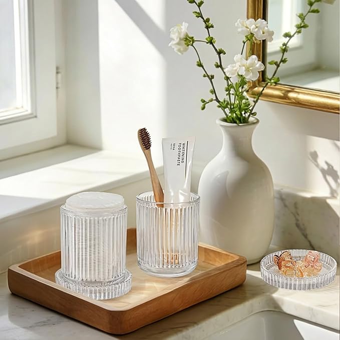 SheeChung 4-Pack Ribbed Glass Apothecary Jars - Clear Qtip Holder Dispenser Set - Bathroom Accessories Organizer for Cotton Swabs, Balls, Pads - Modern Farmhouse Decor