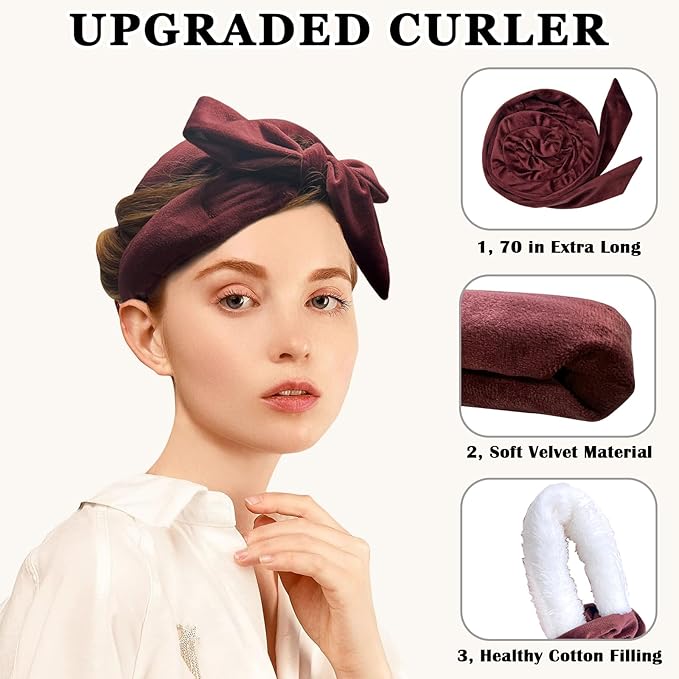 Gwabee No Heat Overnight Hair Curlers - 70" Soft Ribbon Curl Wrap with 9 Curling Rods, Headband for Long Hair Rollers - Burgundy