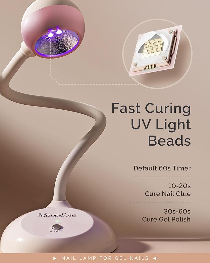 MelodySusie Gooseneck Cordless UV Nail Lamp with Adjustable Light Angle, S-Pro09M 2-In-1 Rechargeable Fast Curing Nail Dryer Cures All Gels, Especially Rhinestone Glue & Liner Gel Polish