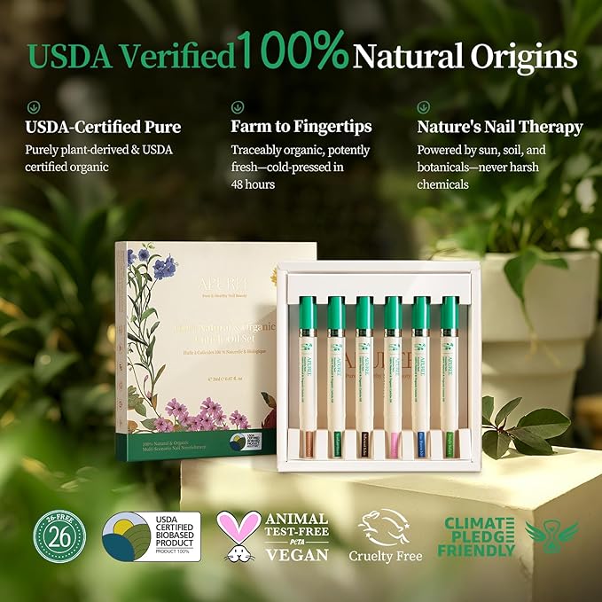 APUREE Organic Cuticle Oil Set: 100% Pure (6pcs)| Moisturing for Dry Cuticle & Nail Growth| USDA Verified & Cold Pressed Hexane Free| Manicure Prep Care| All Skin Type| Vegan & Cruelty Free