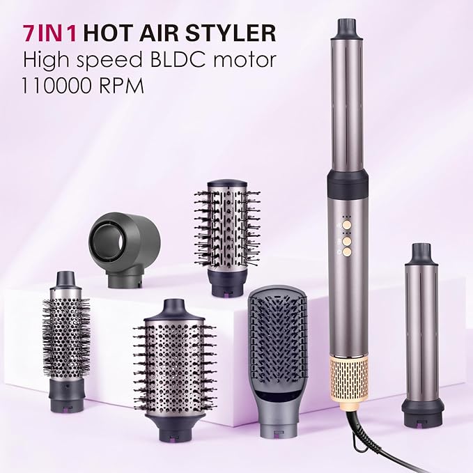 7 in 1 Hot Air Styler High Speed BLDC Motor 110000 RPM with Round Rrush Left/Right Auto Wrap Curler,Oval Brush,Straightening Brush Drying air Nozzle.1400W Hot Hair Brush with ALCI Safety Plug