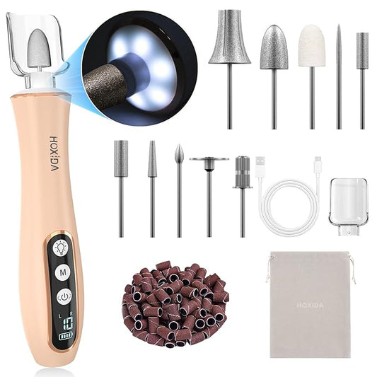 Professional Manicure Pedicure Kit, Cordless Electric Nail Drill with 360° LED Light&10 Speeds&Memory Mode, Pedicure Tools for feet, Hand Foot Care Nail Drill for Thick Nail Toenail Cuticle, Pink