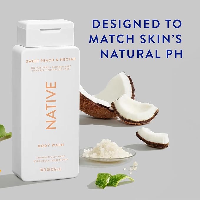 Native Body Wash Contains Naturally Derived Ingredients | For Women & Men, Sulfate, Paraben, & Dye Free Leaving Skin Soft and Hydrating | Sweet Peach & Nectar 18 oz