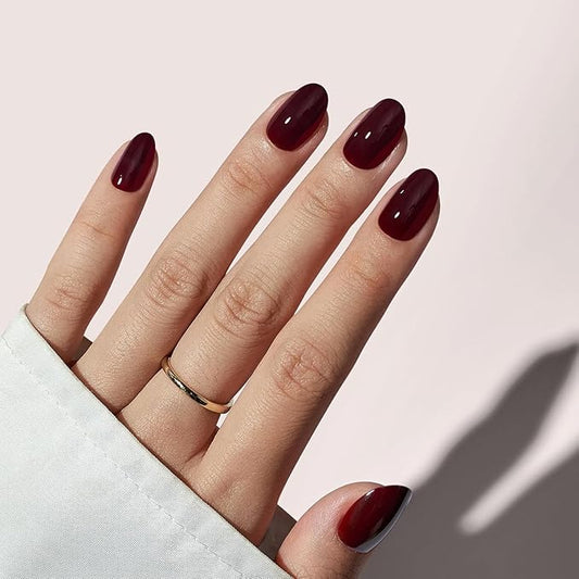 BTArtbox Press On Nails Short - Dark Red Press on Nails, Short Oval Fake Nails with Nail Glue, Fit Perfectly & Natural Reusable Stick on Nails in 16 Sizes Soft Gel Nail Kit, Coffee Bean