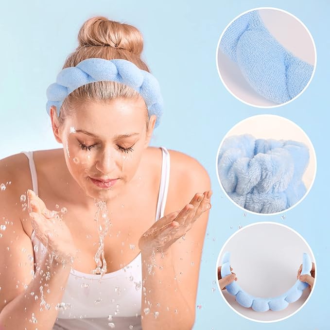 WSICSE Sponge Spa Headband for Women, Blue Skincare Headband and Wrist Washband Set Makeup Hairband Womens Stocking Stuffer