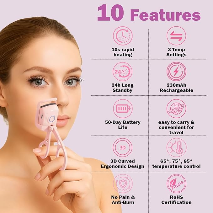 Anazzly Heated Eyelash Curler, Rechargeable Electric Eyelash Curler, 3-Level Temperature Control, 24 Hour Long Lasting Curl, Suitable for All Beauty Enthusiasts
