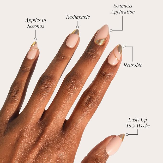 Glamnetic x GLAMZILLA Press On Nails - I AM A RICH MAN? | Short Almond Nude Fake Nails with Gold Foil, Salon Quality | 15 Sizes - 30 Nail Kit with Glue