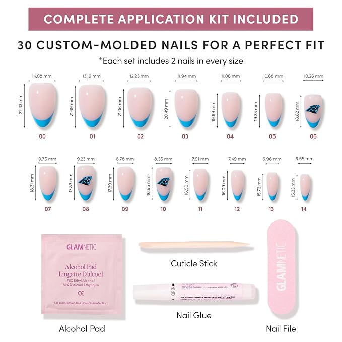 Glamnetic x Fanatics Press On Nails - Carolina Panthers | Short Almond Fake Nails, NFL Panthers Blue French Tips, Football Nails, Salon-Quality | 15 Sizes - 30 Nail Kit with Glue