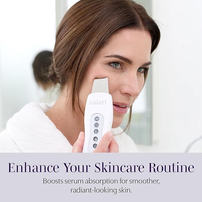 Saian Professional Strength Ultrasonic Skin Scrubber - Face Spatula Exfoliator & Pore Cleaner for Blackhead, Whitehead & Sebaceous Removal - Gentle Deep Cleaning Tool for Smooth, Glowing Skin
