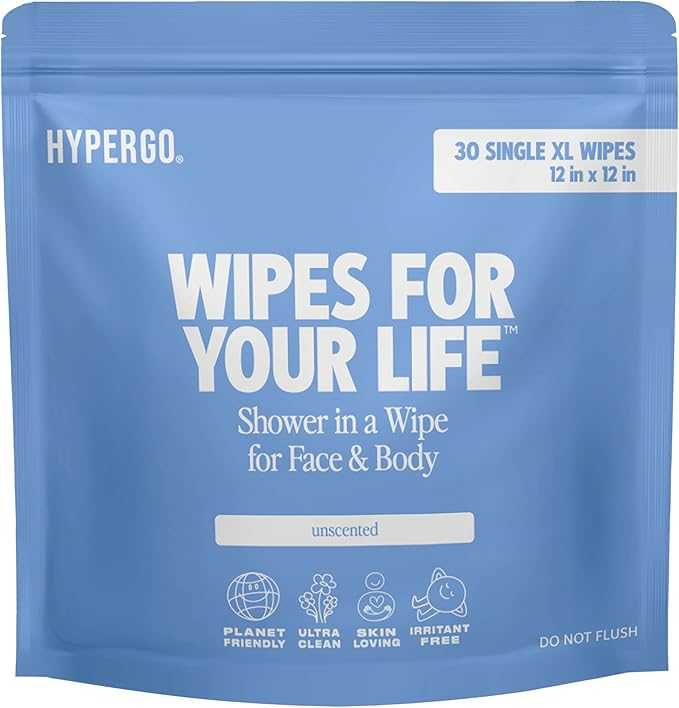 HyperGo XL Body Wipes for Women & Men – 12" x12" Rinse-Free Full Body Cleansing 30 Count Pack - Unscented | Biodegradable, Hypoallergenic, Aloe-Infused | Gym, Festival, Camping Essentials