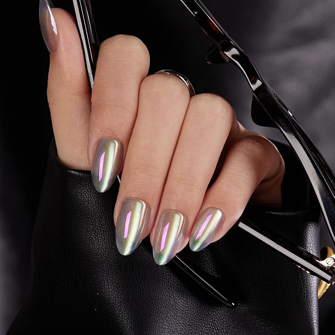 VSALON Press on Nails Short Almond - Holographic Chrome Cat Eye Nails Kit for Women, Reusable Aurora Effect Transparent Soft Gel Fake Nails with Glue - 32 PCS Stick On Nails in 16 Sizes