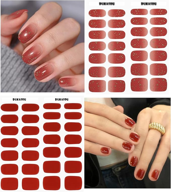 DUKASOU Semi Cured Gel Nail Strips, 56Pcs Red New Years Nail Art Stickers/Wraps, Long Lasting UV Nail Polish Strips for Adults(Red Foil+Caramel)