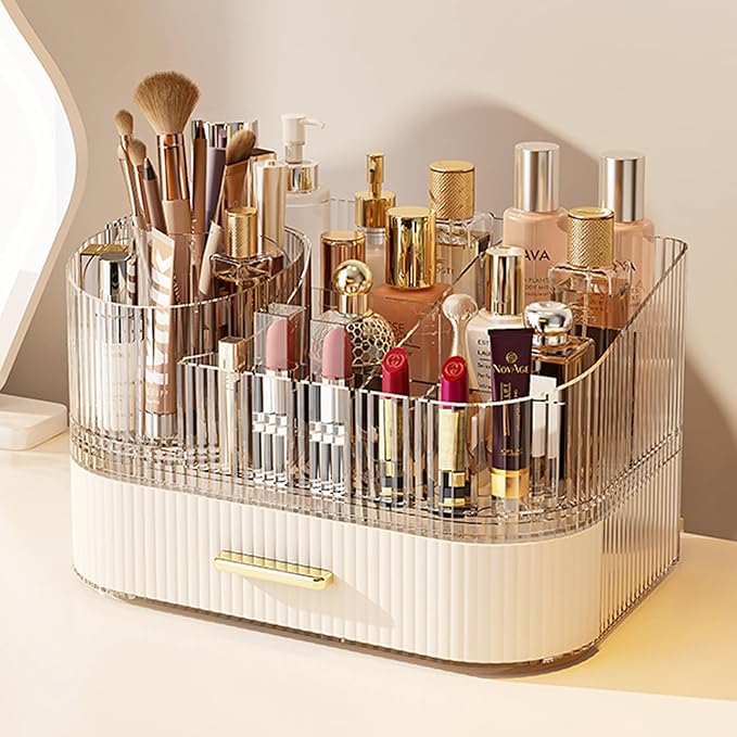 Makeup Organizer with 360° Rotating Brush Holder and Stackable Drawers, Cosmetic Display Case for Vanity, Bathroom Countertop (White, 2 Layer)