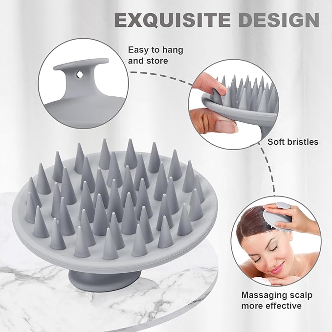 Meartchy Silicone Scalp Massager Shampoo Brush, Scalp Brush for Hair Growth & Dandruff Removal, Hair Scrubber Scalp Stimulator Exfoliator Brush with Soft Bristles for Wet Dry Scalp Care (Grey)