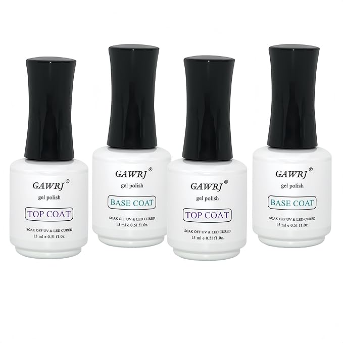 GAWRJ No Wipe Top & Base Coat Gel Set (Up to 3+ Weeks), Anti-Yellowing Quick Dry Gel Nail Polish, 2 Base + 2 Top Coats 15ml, for UV/LED Light, Professional & DIY