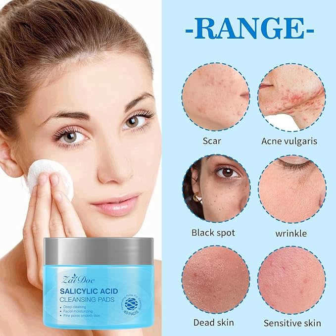 Salicylic Acid Remover Wipes, Exfoliating Face Cleansing Pads with Witch Hazel & Vitamin C for Hydrating & Calming for Sensitive Skin, 40ct