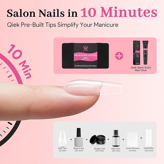 Qiek Medium Square Pre-Building Nail Tips Kit, 15 Sizes 240 PCS Pre-shaped Apex Clear Thick Extensions Tip Soft Half Matte Press On Fake Nails Glue Gel Nail Lamp for DIY Beginners & Salon Manicure