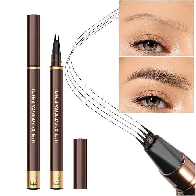 2 Pack 4-Tip Microblading Eyebrow Pen with 2 Brow Brushes, Waterproof Vegan Formula Eyebrow Pencils for Women to Effortlessly Create Natural Hair-Like Strokes, All-Day Wear (Medium Brown)
