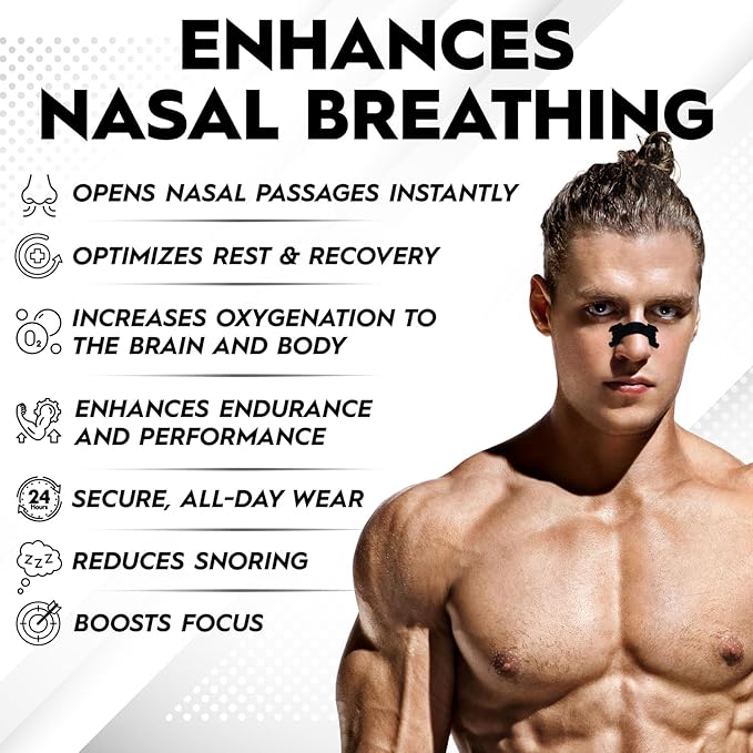 Performance Nose Strips for Breathing (90 Count) - Oil & Sweat Proof Adhesive - Athletic Nasal Strips for Snoring & Sleeping - Black, Extra Strength, Wide Body, Universal Fit