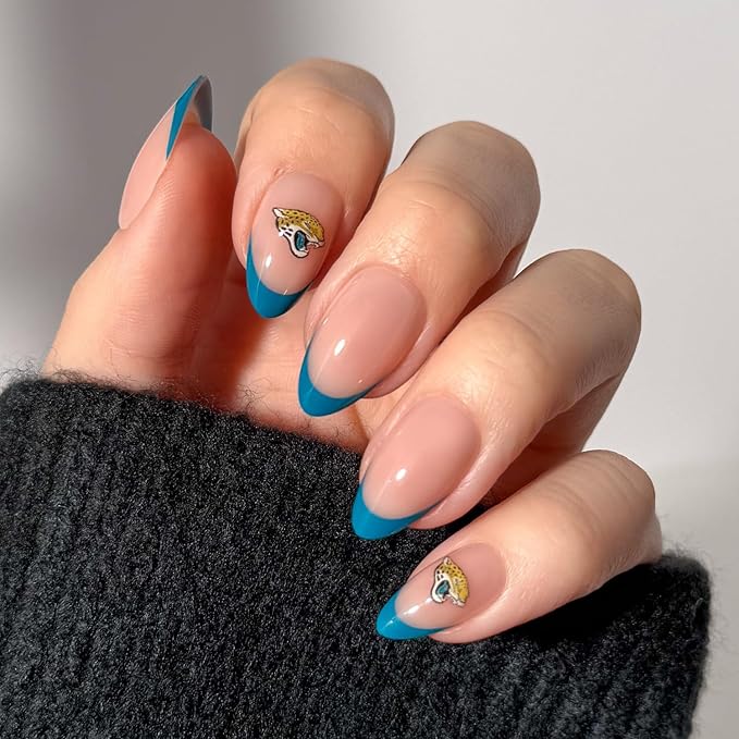 Glamnetic x Fanatics Press On Nails - Jacksonville Jaguars | Short Almond Fake Nails, NFL Jaguars Blue French Tips, Football Nails, Salon-Quality | 15 Sizes - 30 Nail Kit with Glue