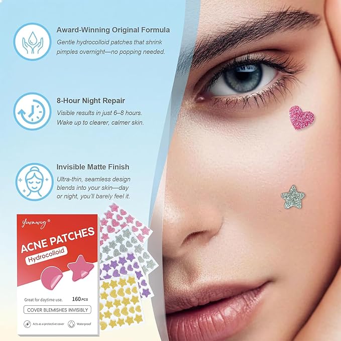 Pimple Patches for Face, Shimmer Star Hydrocolloid Acne Patches, Cute Zit Covers & Spot Stickers with Tea Tree Oil & Salicylic Acid, 3 Sizes (10mm, 12mm, 14mm), 160 Count