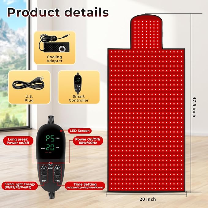47.5"x20" Body Red Light Therapy Mat, Eligible Red Light Therapy Blanket, 770pcs Dual Wavelength LEDs(660nm& 850nm), Premium Leather, Adjustable Timer & Intensity
