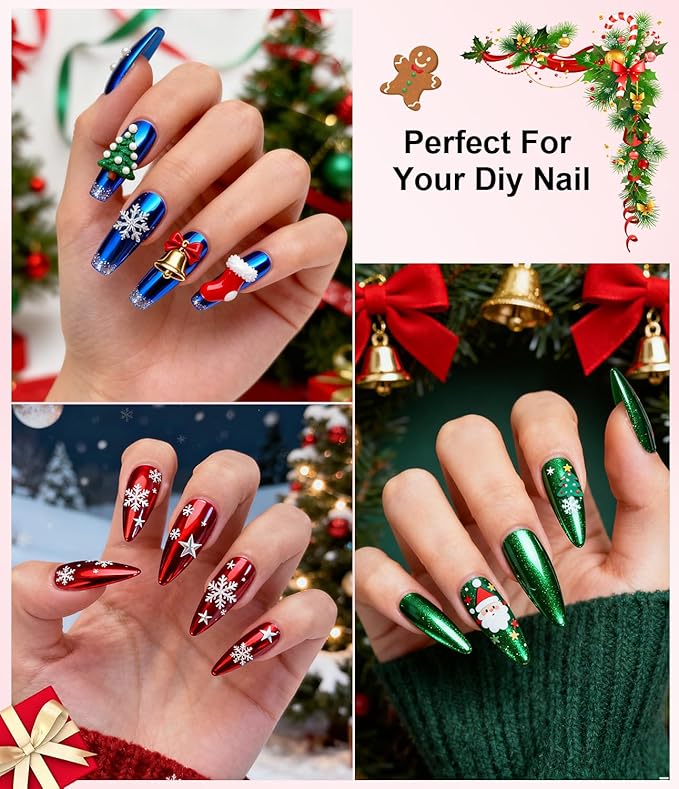 BISHENGYF Gold Chrome Nail Powder - 6 Colors Christmas Red Green Blue Silver Nail Chrome Powder, Sparkly Holographic Chrome POwder for Nails Mirror Effect Glitter Pigment Dust - Christmas Nail Design