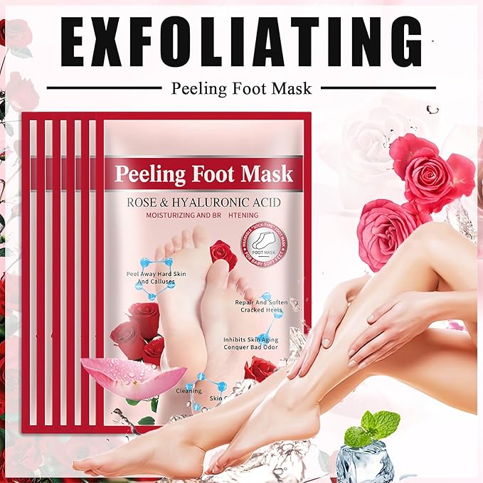 5Pcs Foot Peel Mask for Dry Cracked Feet, Rose Extract Moisturizing Foot Masks, Exfoliating Foot Peeling Socks for Women & Men, Hydrating Foot Mask for Soft Smooth Feet Spa at Home