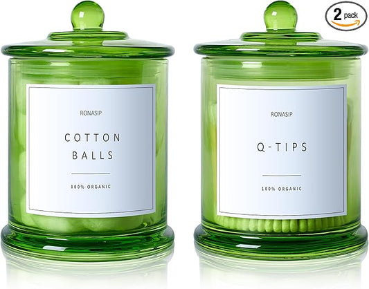 Ronasip Qtip Holder & Cotton Pad Dispenser, Bathroom Organizer and Storage Canisters, 16oz Glass Apothecary Jars for Kitchen, Restroom - Home Decor Accessories, Room Decor Aesthetic (2 Pack, Green)