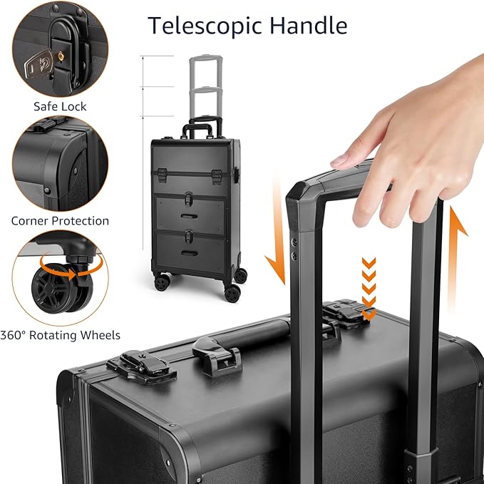 Yokilly Rolling Makeup Train Case, Professional Cosmetology Case on Wheels, Aluminum Cosmetic Trolley Travelling Cart Trunk with Swivel Wheels, Sliding Drawer & Keys for Nail Technician Stylist(Black)
