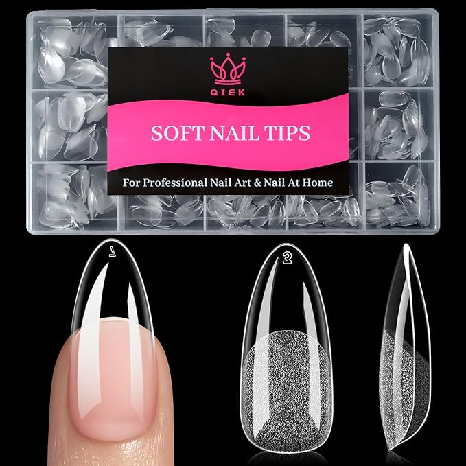 Qiek Medium Almond Fake Nail Tips, 15 Sizes 240 PCS Clear Half Matte Press On False Nail Tips Pre-shaped Full Cover Gel Nail Acrylic Soft Tips Extensions Thick Long Lasting for Home DIY Nail Salon