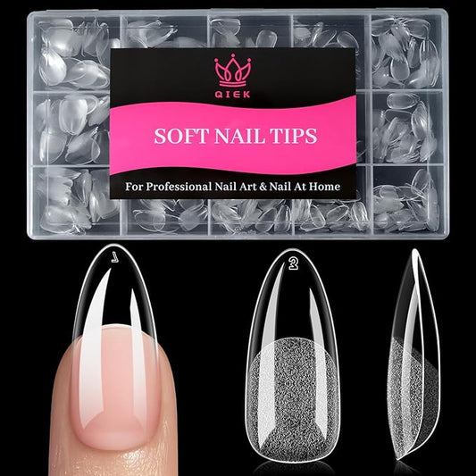 Qiek Medium Almond Fake Nail Tips, 15 Sizes 240 PCS Clear Half Matte Press On False Nail Tips Pre-shaped Full Cover Gel Nail Acrylic Soft Tips Extensions Thick Long Lasting for Home DIY Nail Salon