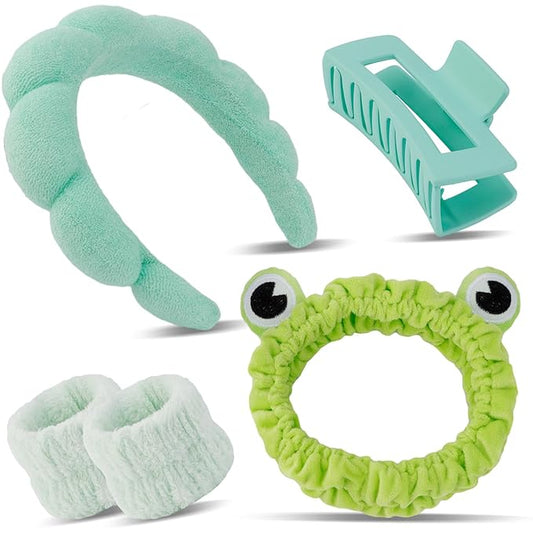 Canitor Spa Headband Wrist Bands with Hair Clips Green Frog Makeup Skincare for Washing Face Skin Care Preppy Teen Girl Gifts Cute Trendy Stuff Hair Accessories for Women