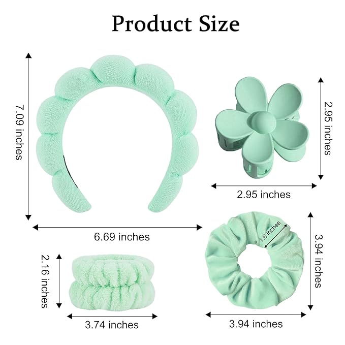 BluOcnMkt 6PCS Spa Headbands for Women Green Skincare Makeup Sponge Headband Set, Large Flower Hair Clip, Elastic Hair