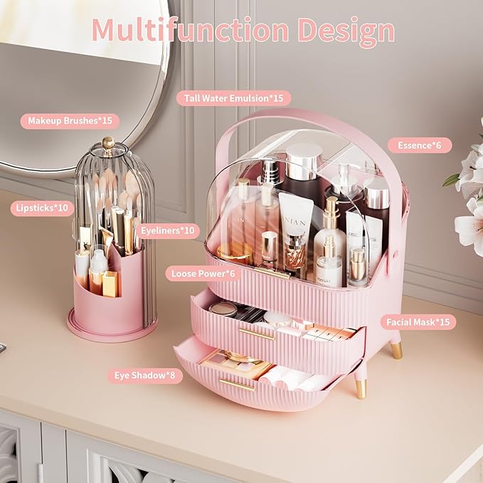 Makeup Organizers Countertop, Makeup organization for Vanity, Cosmetic Storage with Lid and Drawers, Skincare Display Cases with for Desktop, Bathroom (Pink)