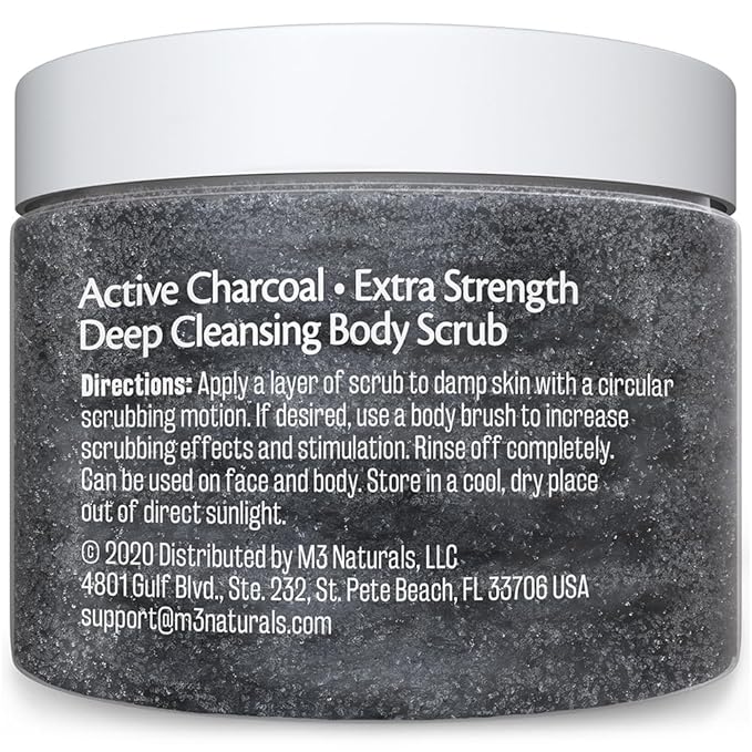 Exfoliating Charcoal Scrub with Collagen & Stem Cells – Salt Scrub for Body Toning, Cellulite, Armpit Detox, and Skin Smoothing for Face, Feet, and Body by M3 Naturals