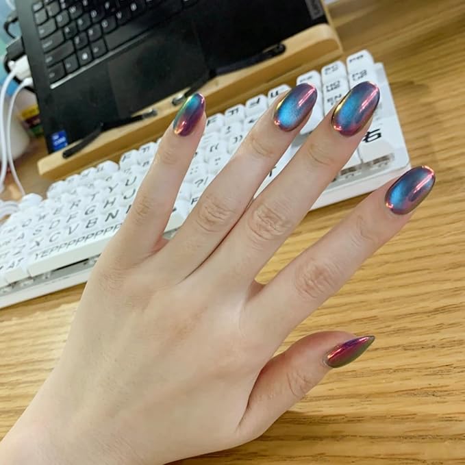 Cat Eye Press on Nails Handmade Short Oval/Square/Round False Nails with French Tip/Aurora/Magnetic Shimmer Designs (Aurora#Night M)