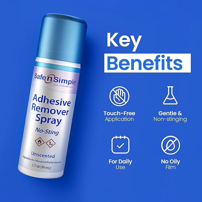 Safe n’ Simple Medical Adhesive Remover Spray for Skin - 1.7 Fl Oz No Sting Alcohol Free Ostomy Adhesive Remover - Gentle Medical Adhesive Removal Spray for Stoma, Urostomy, Ileostomy & Colostomy Care