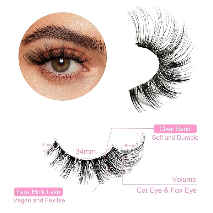 Yasnai Cat Eye Lashes False Eyelashes Volume 18mm Strip Lashes Wispy Fake Lashes Natural Eyelashes Clear Band 14 Pairs Pack 9D