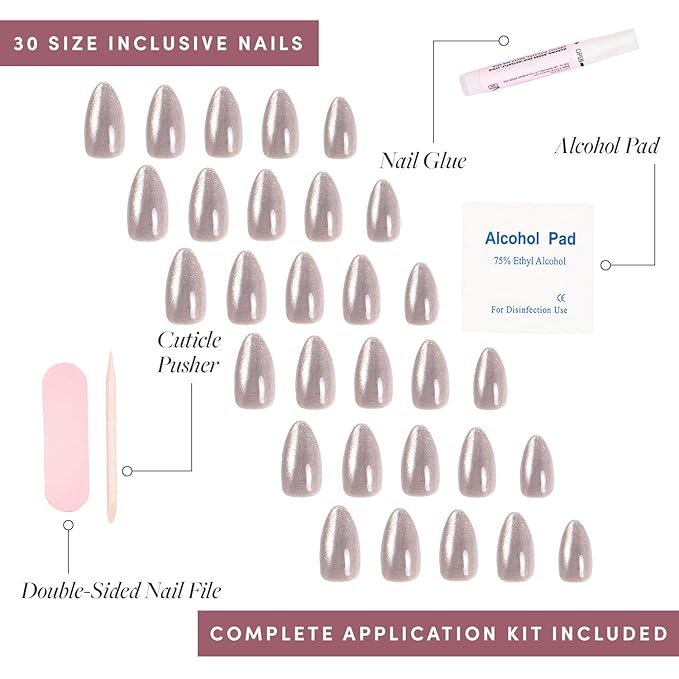 Glamnetic Press On Nails - Oslo | Short Almond Silver Shimmer Nails with a Cat Eye Finish | 15 Sizes - 30 Nail Kit with Glue