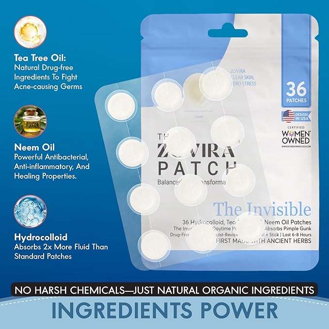 Zovira Invisible Patch-Daytime Niacinamide, Salicylic Acid, Tea Tree and Neem Oil Acne Pimple Patch (36ct) Suitable For Sensitive Skin-Tapered Edges Blends Into All Skin Tones Reduce Redness in 15 Min