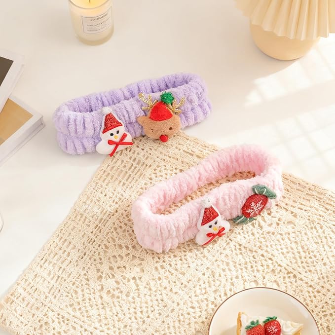 PERFECTSIGHT Kawaii Headband for Spa, Makeup, Washing Face, Party - 2 Pack Cute Christmas Hair Band for Shower Beauty Skincare, Soft Facial Headbands for Girls and Women, Snowman