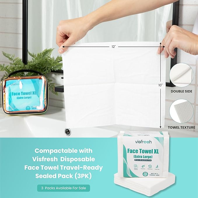 Disposable Face Towel Travel Case with 15 Count XL Refillable Towels – Slim, Lightweight, Waterproof, Transparent Skincare Organizer for Women, Moms, Gym, Camping, and Travel – Visfresh